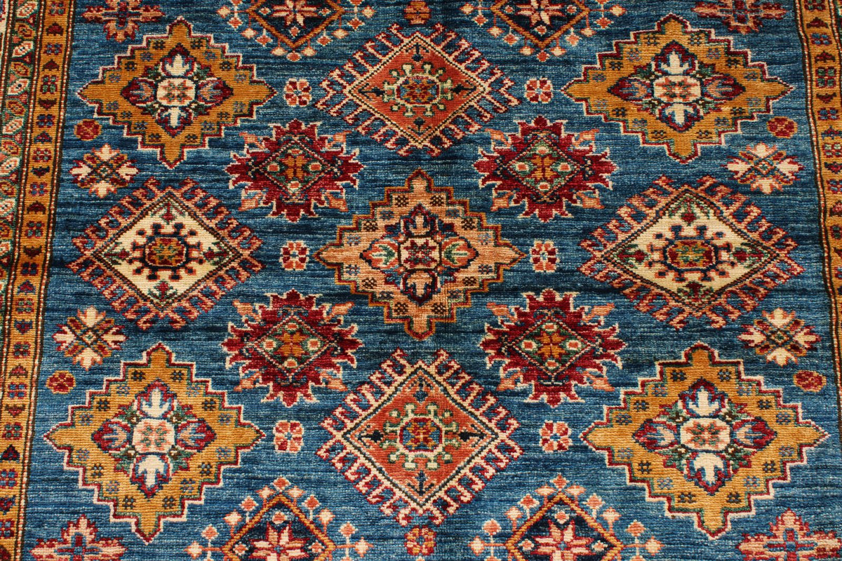 5x7 Blue and Ivory Kazak Tribal Rug