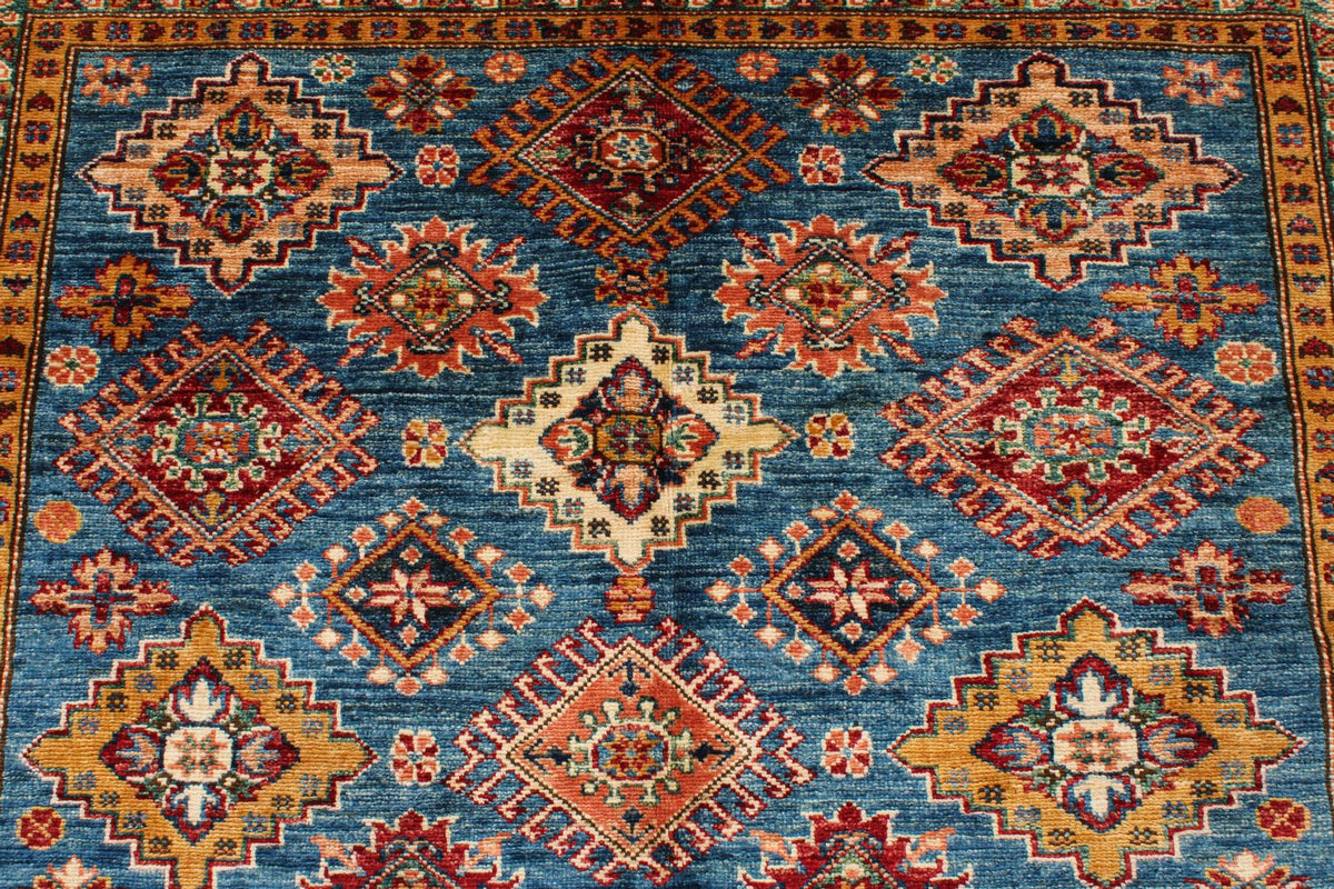 5x7 Blue and Ivory Kazak Tribal Rug