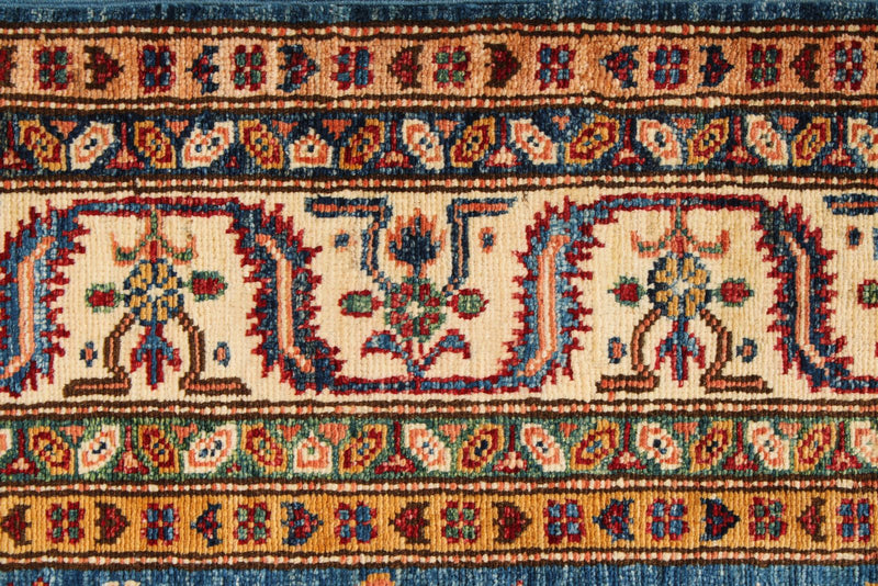 5x7 Blue and Ivory Kazak Tribal Rug