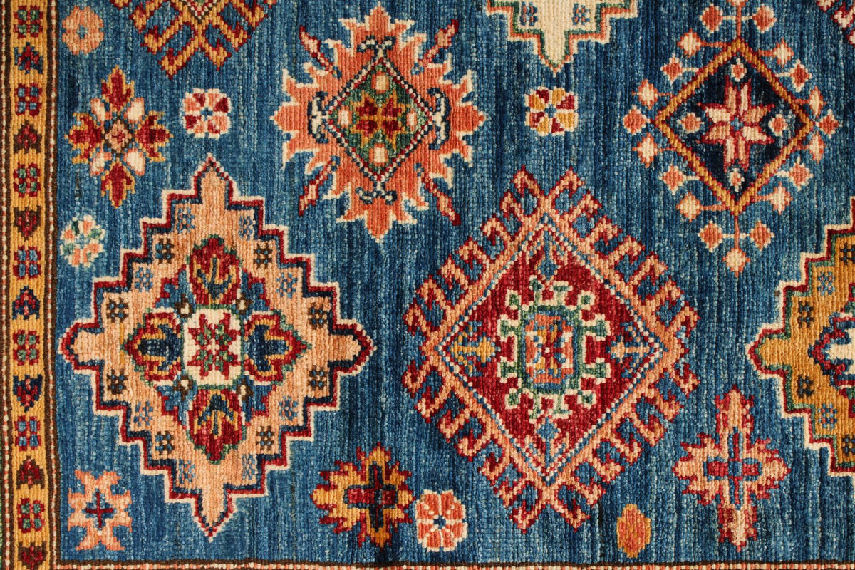 5x7 Blue and Ivory Kazak Tribal Rug