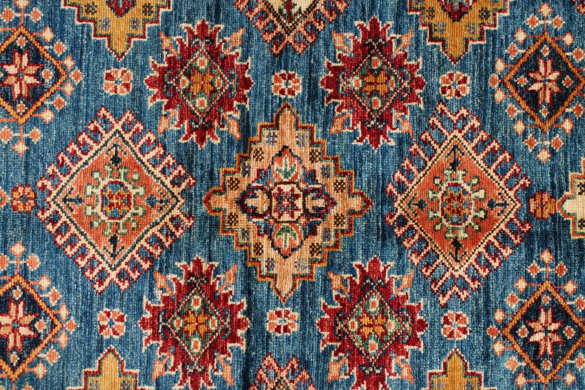 5x7 Blue and Ivory Kazak Tribal Rug