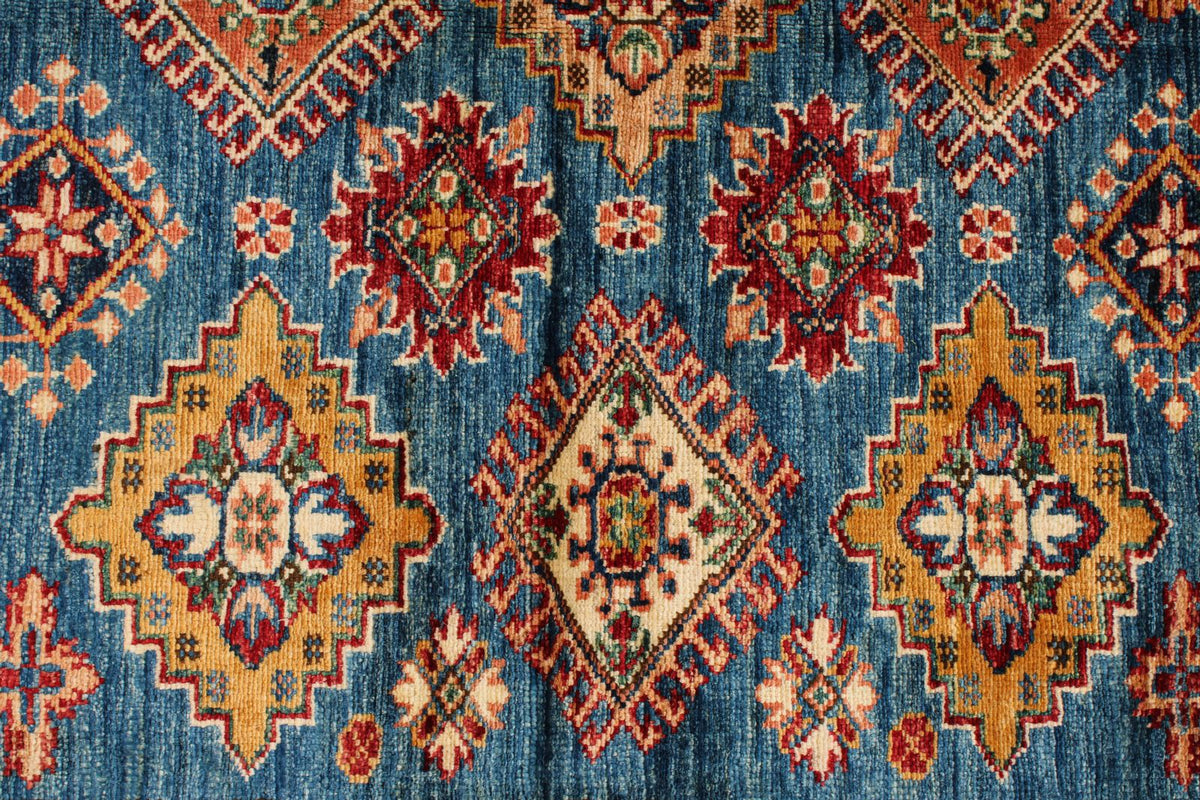 5x7 Blue and Ivory Kazak Tribal Rug
