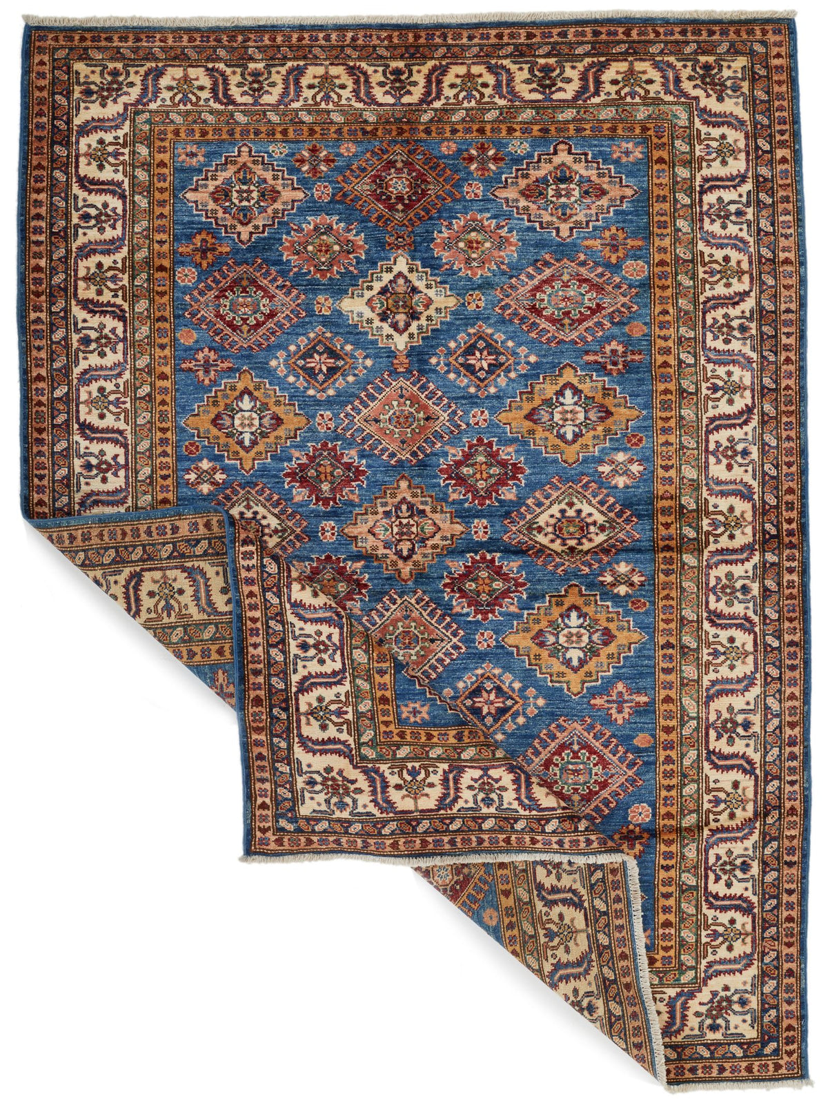 5x7 Blue and Ivory Kazak Tribal Rug
