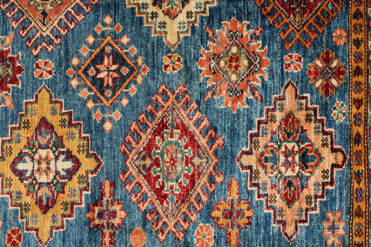 5x7 Blue and Ivory Kazak Tribal Rug