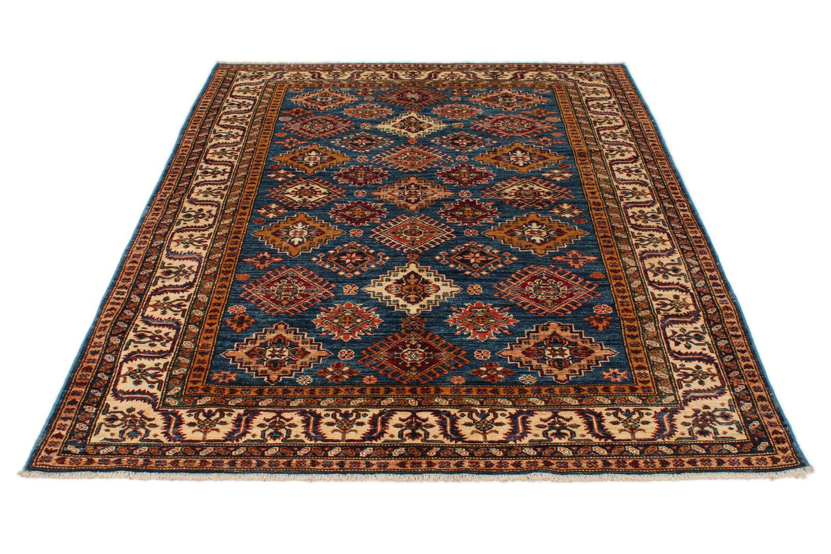 5x7 Blue and Ivory Kazak Tribal Rug