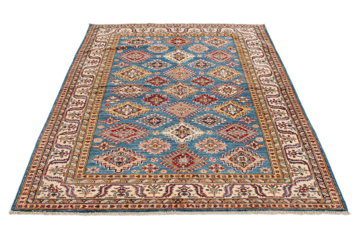 5x7 Blue and Ivory Kazak Tribal Rug