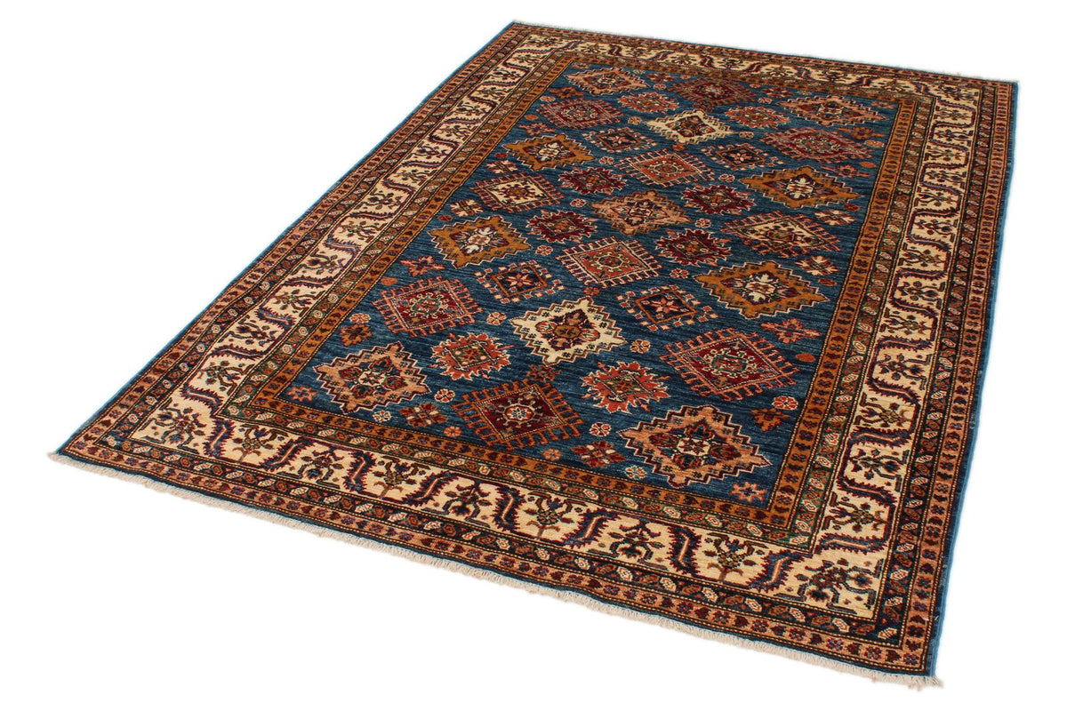 5x7 Blue and Ivory Kazak Tribal Rug