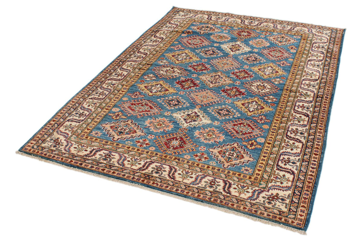 5x7 Blue and Ivory Kazak Tribal Rug