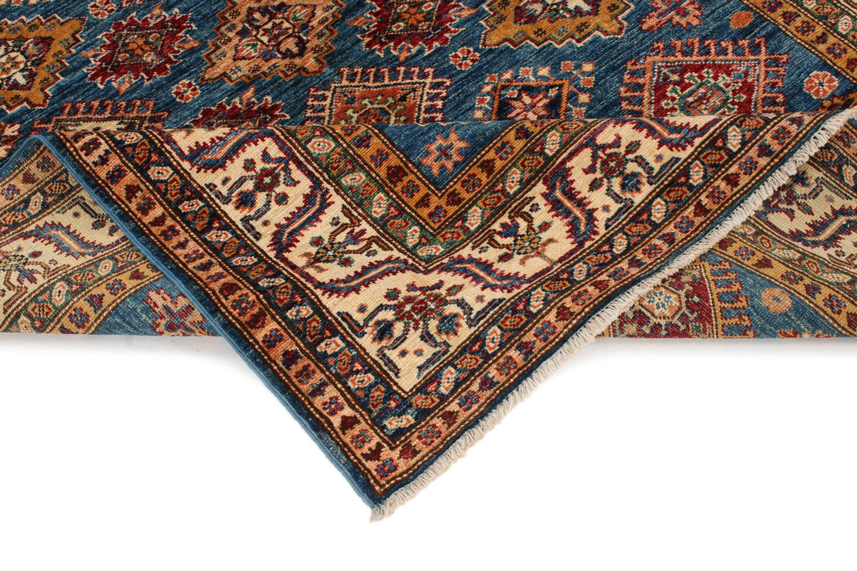 5x7 Blue and Ivory Kazak Tribal Rug