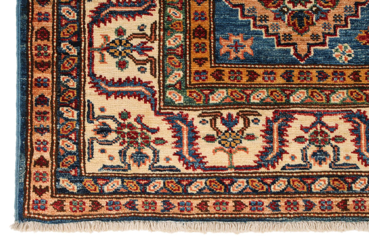 5x7 Blue and Ivory Kazak Tribal Rug