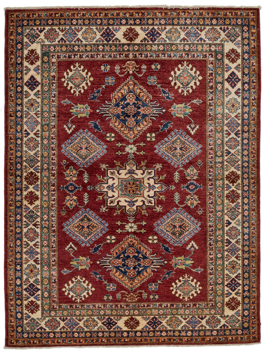 5x7 Red and Ivory Kazak Tribal Rug