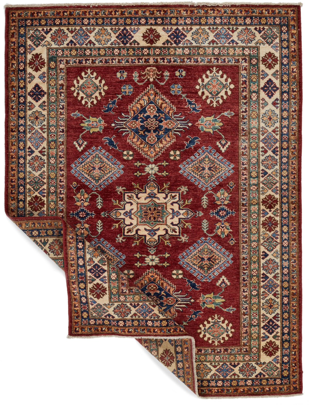 5x7 Red and Ivory Kazak Tribal Rug