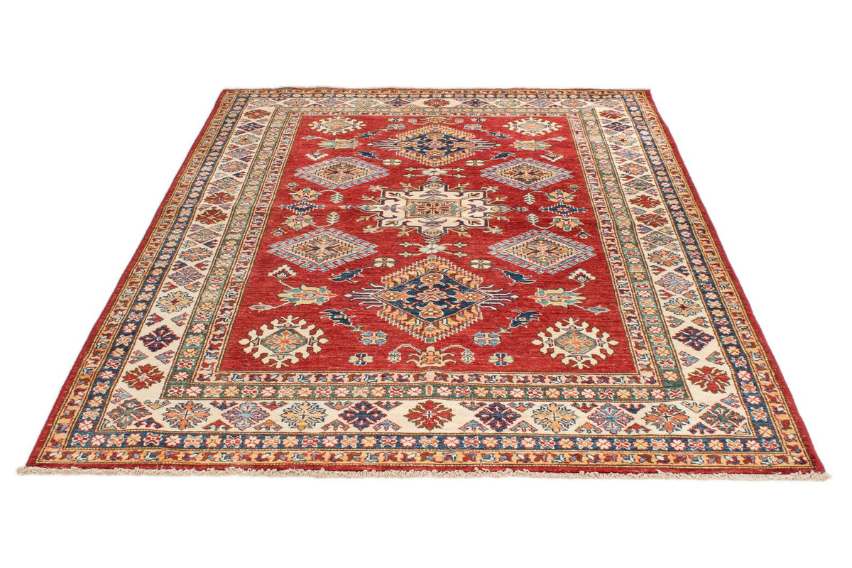 5x7 Red and Ivory Kazak Tribal Rug