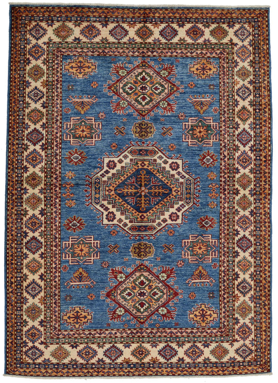 5x7 Blue and Ivory Kazak Tribal Rug
