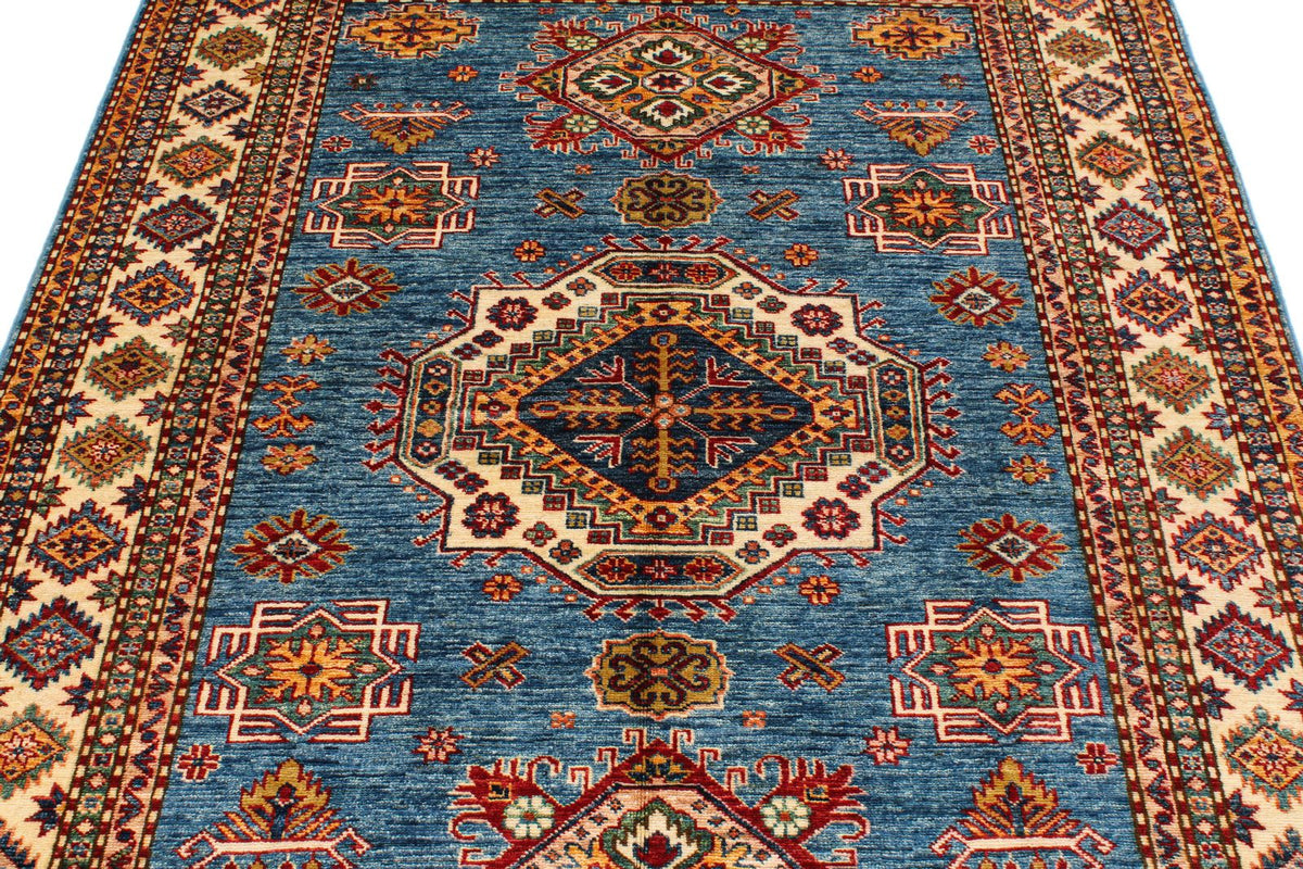 5x7 Blue and Ivory Kazak Tribal Rug
