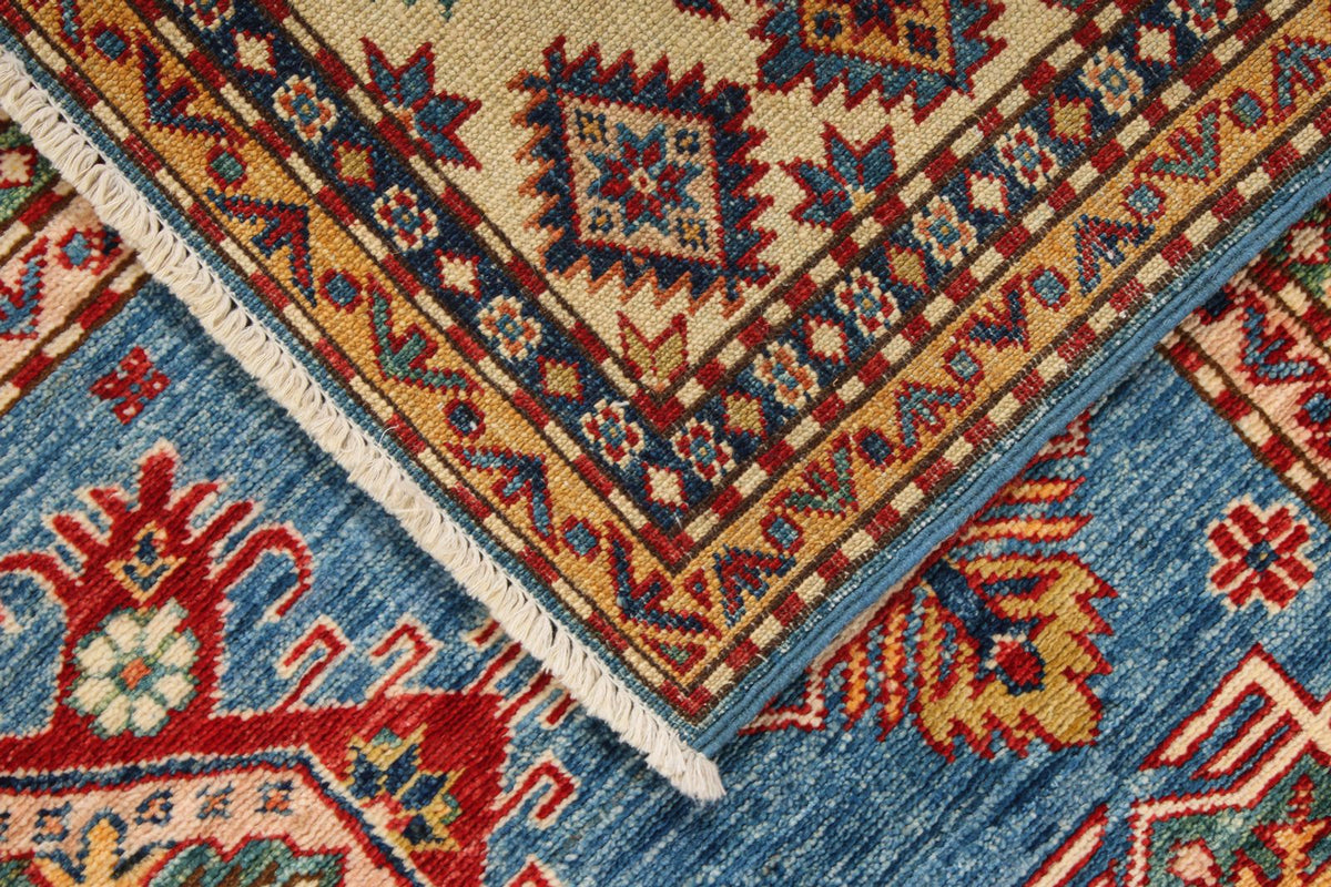 5x7 Blue and Ivory Kazak Tribal Rug