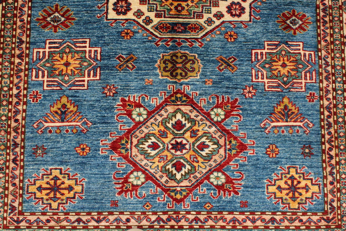 5x7 Blue and Ivory Kazak Tribal Rug