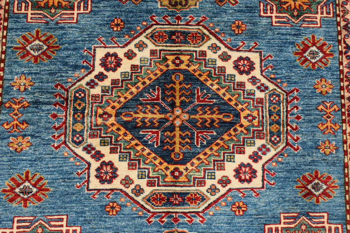5x7 Blue and Ivory Kazak Tribal Rug