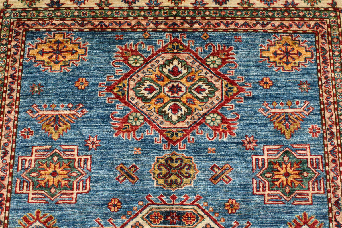 5x7 Blue and Ivory Kazak Tribal Rug