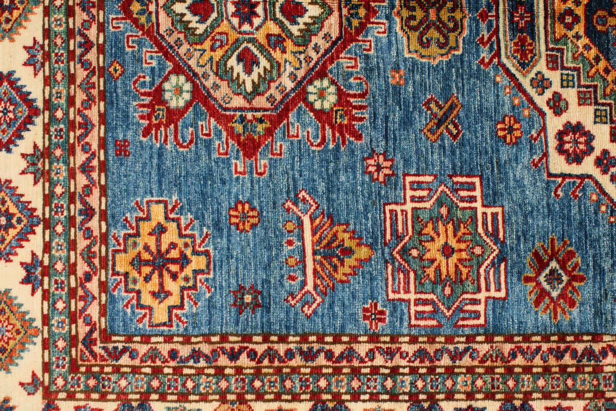 5x7 Blue and Ivory Kazak Tribal Rug