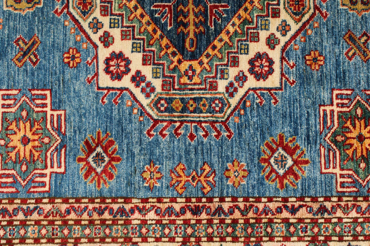 5x7 Blue and Ivory Kazak Tribal Rug