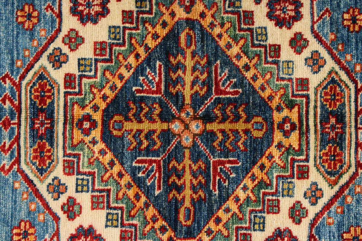 5x7 Blue and Ivory Kazak Tribal Rug
