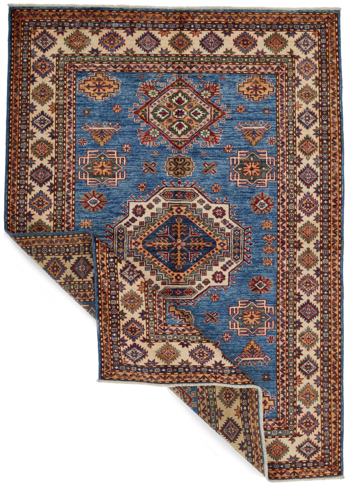 5x7 Blue and Ivory Kazak Tribal Rug