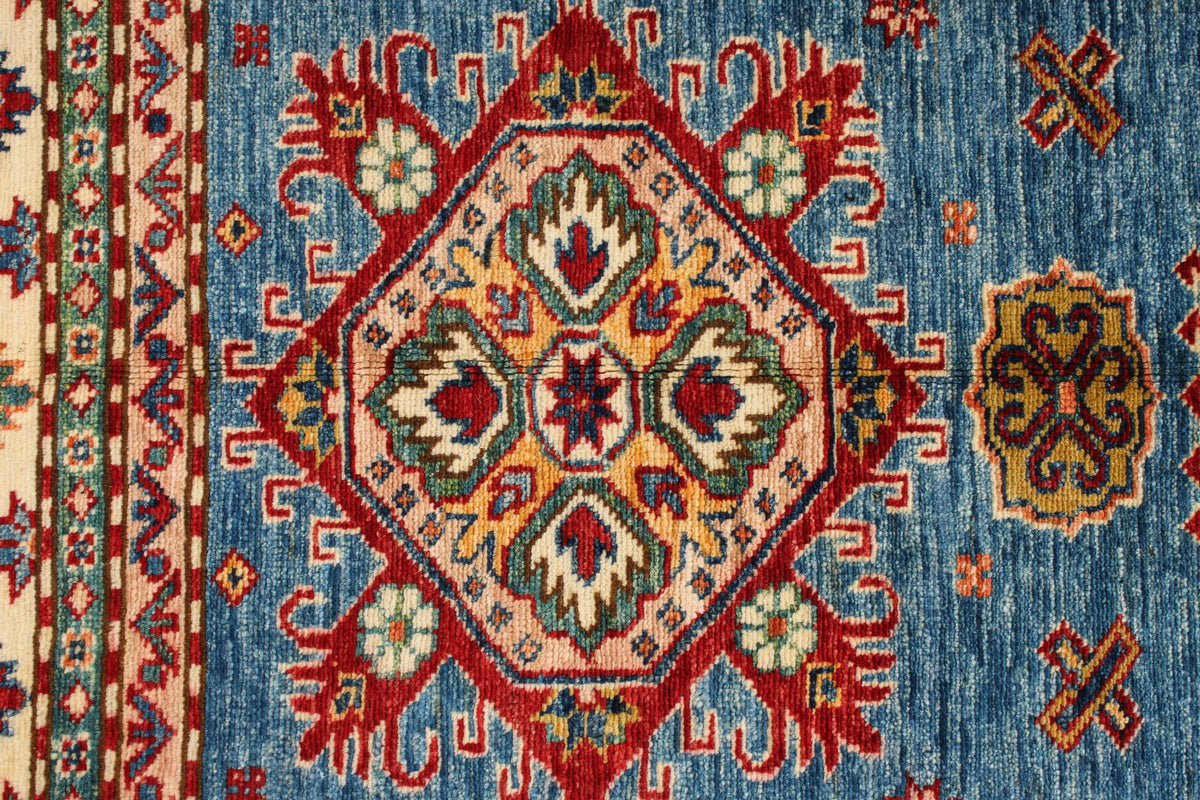 5x7 Blue and Ivory Kazak Tribal Rug