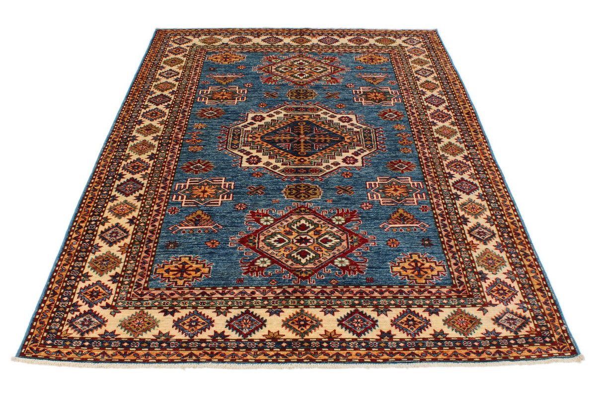 5x7 Blue and Ivory Kazak Tribal Rug