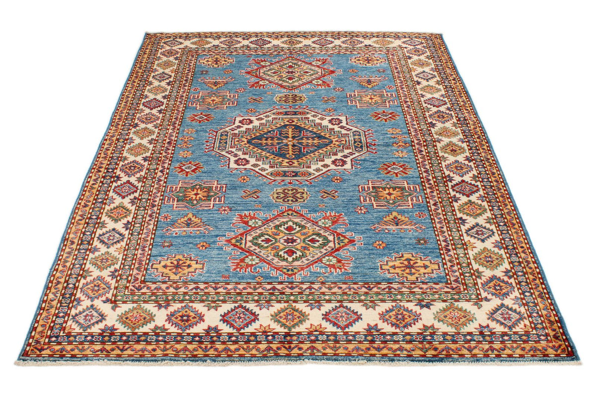 5x7 Blue and Ivory Kazak Tribal Rug