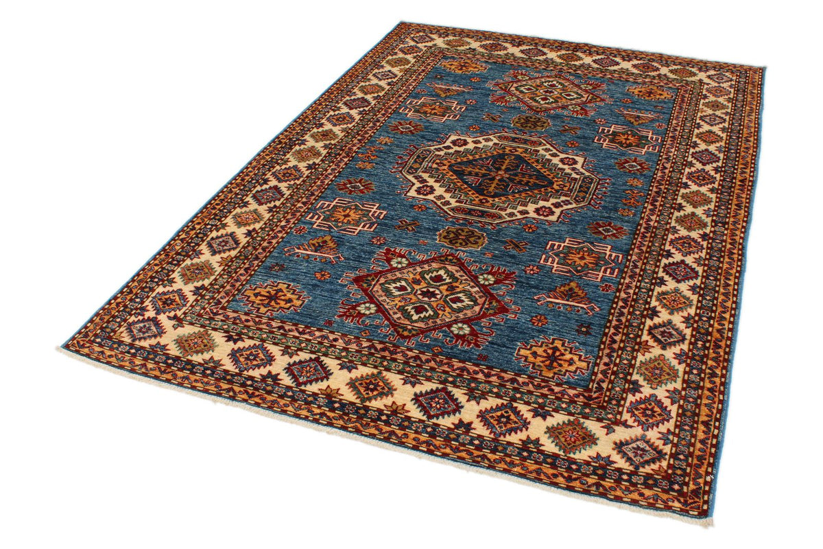 5x7 Blue and Ivory Kazak Tribal Rug