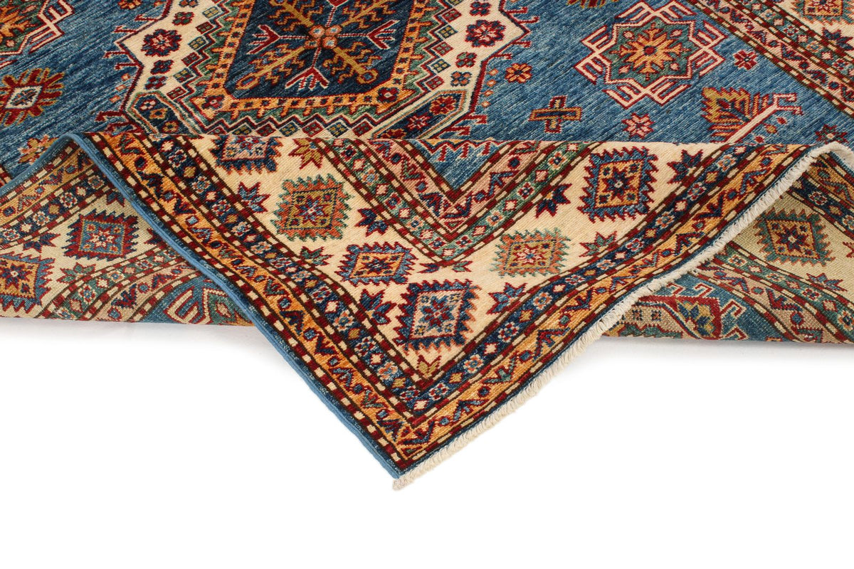5x7 Blue and Ivory Kazak Tribal Rug