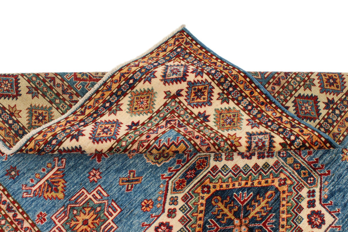 5x7 Blue and Ivory Kazak Tribal Rug