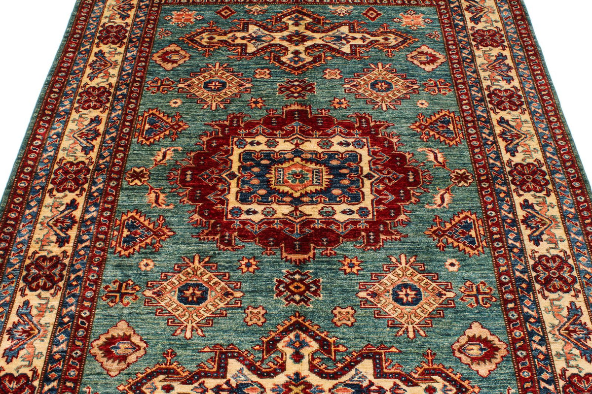 5x7 Green and Ivory Kazak Tribal Rug