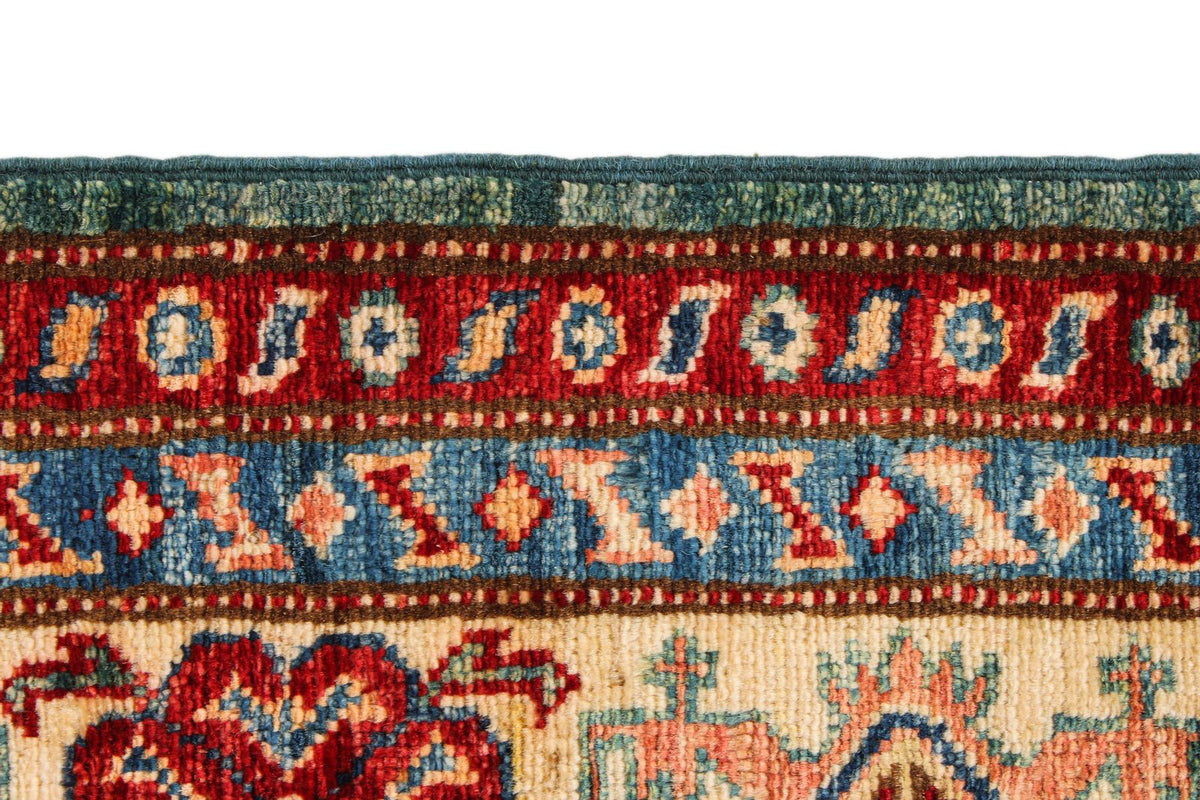 5x7 Green and Ivory Kazak Tribal Rug