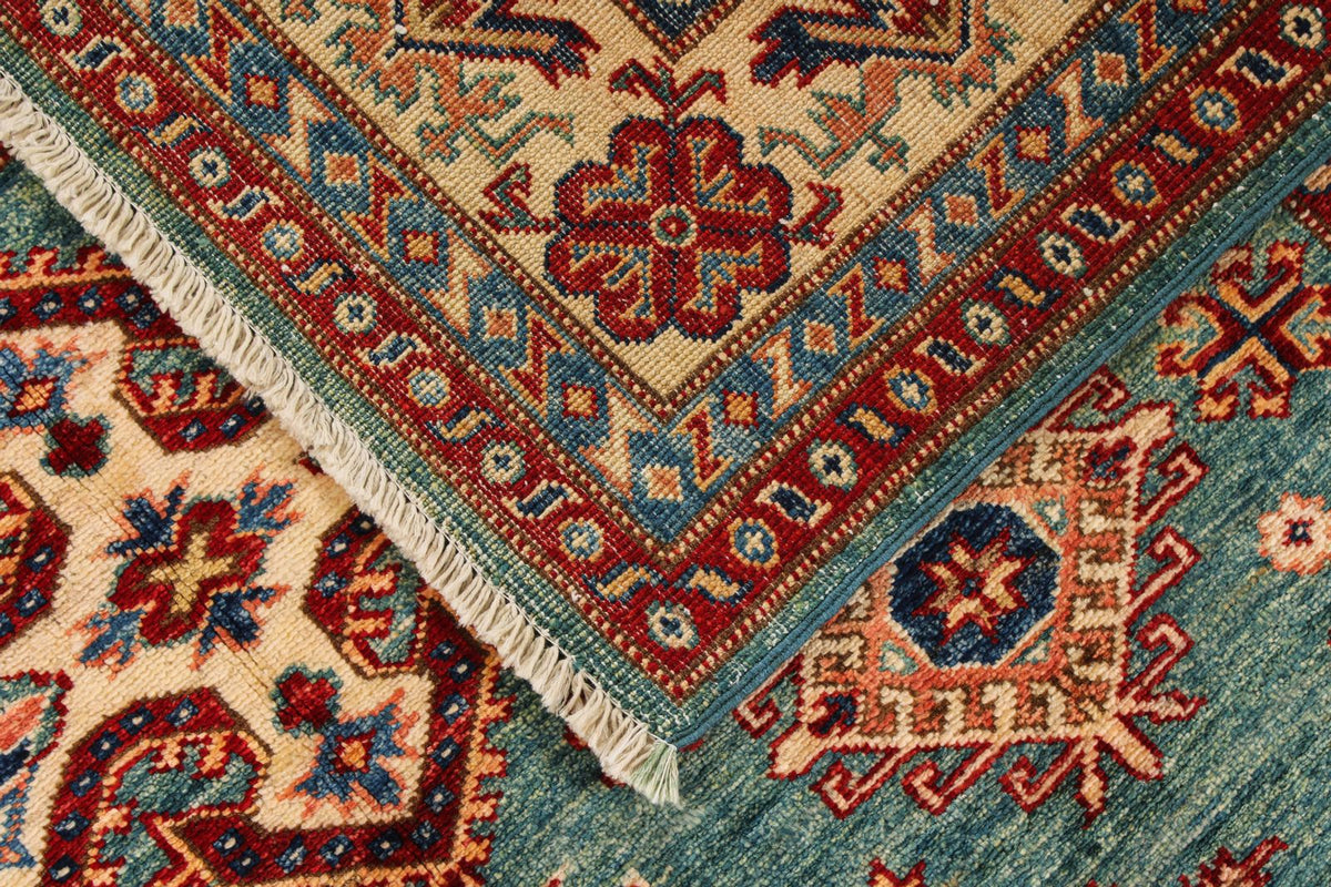5x7 Green and Ivory Kazak Tribal Rug