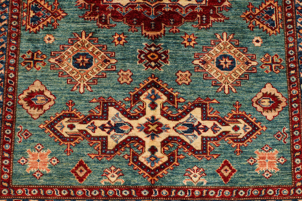 5x7 Green and Ivory Kazak Tribal Rug
