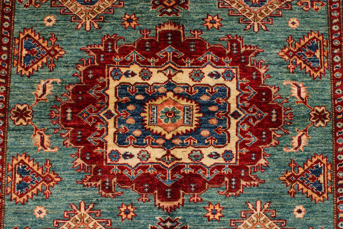 5x7 Green and Ivory Kazak Tribal Rug
