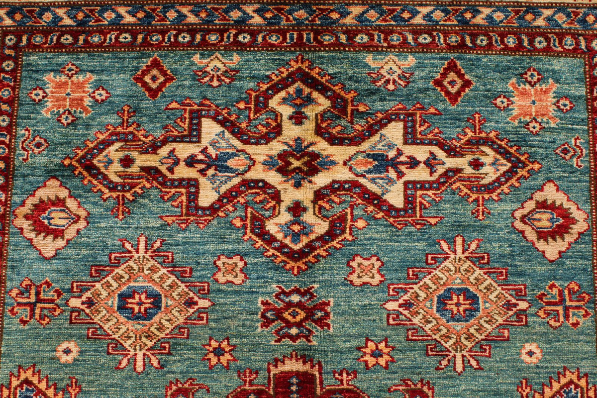 5x7 Green and Ivory Kazak Tribal Rug