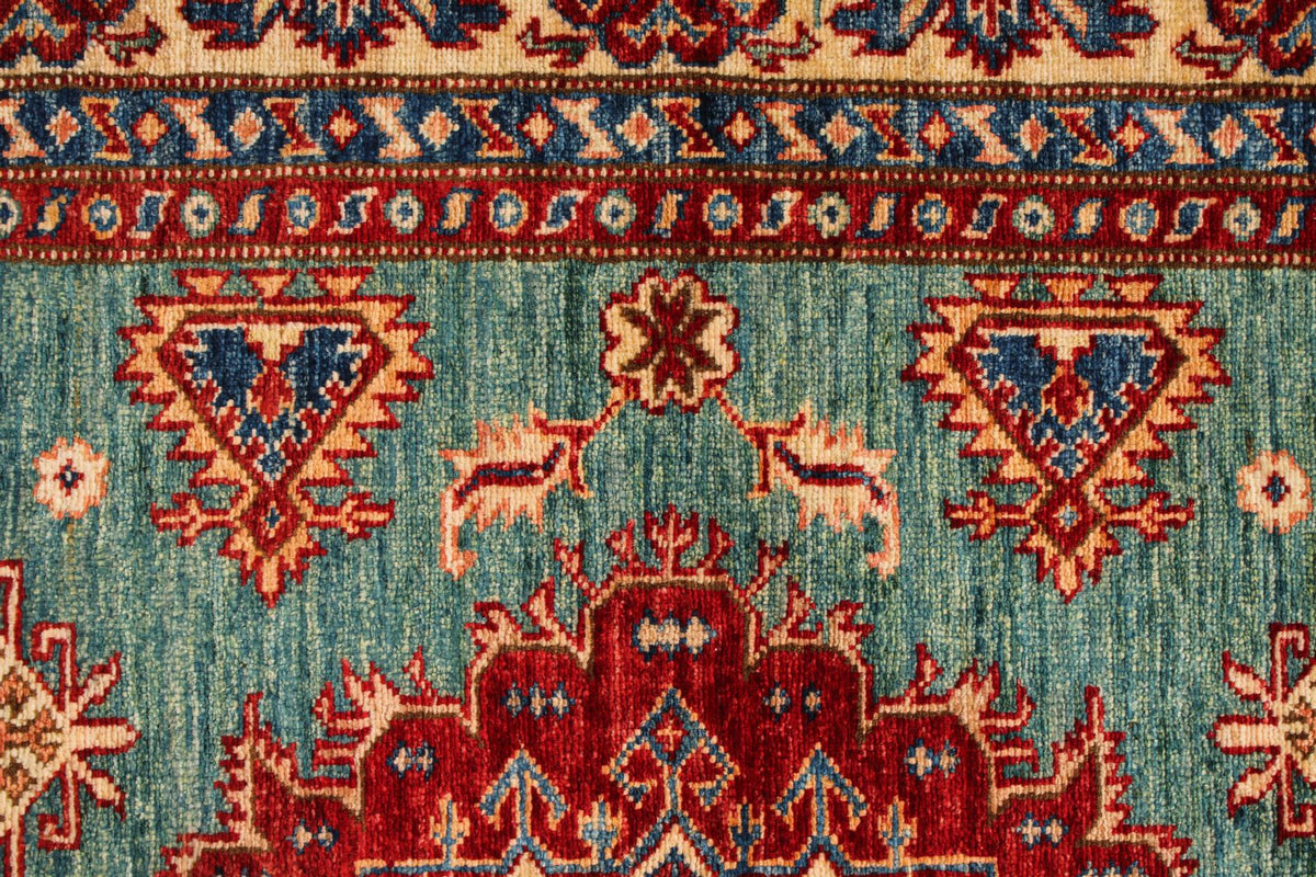 5x7 Green and Ivory Kazak Tribal Rug