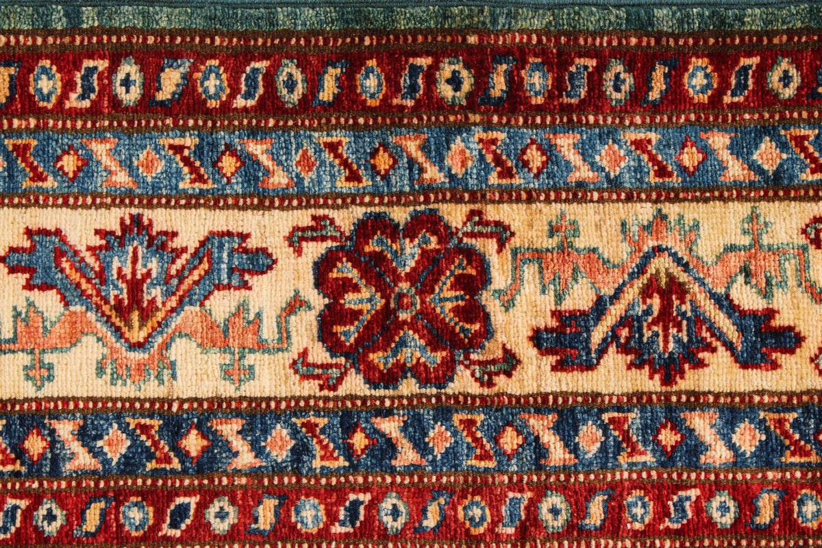 5x7 Green and Ivory Kazak Tribal Rug