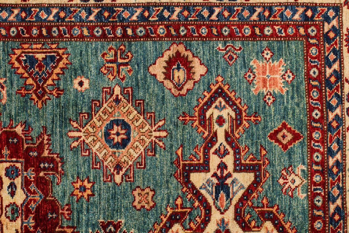 5x7 Green and Ivory Kazak Tribal Rug