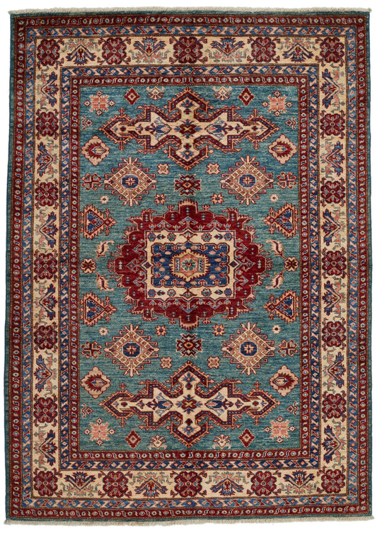 5x7 Green and Ivory Kazak Tribal Rug