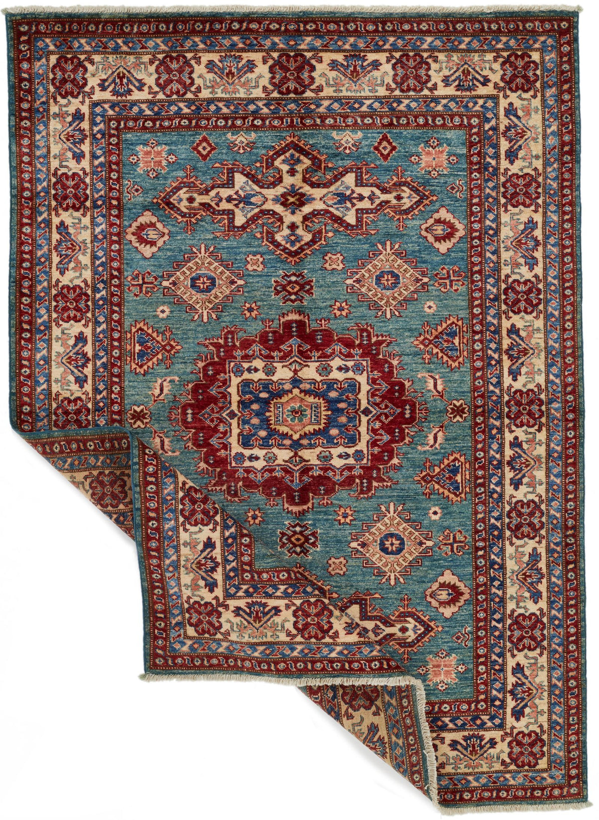 5x7 Green and Ivory Kazak Tribal Rug