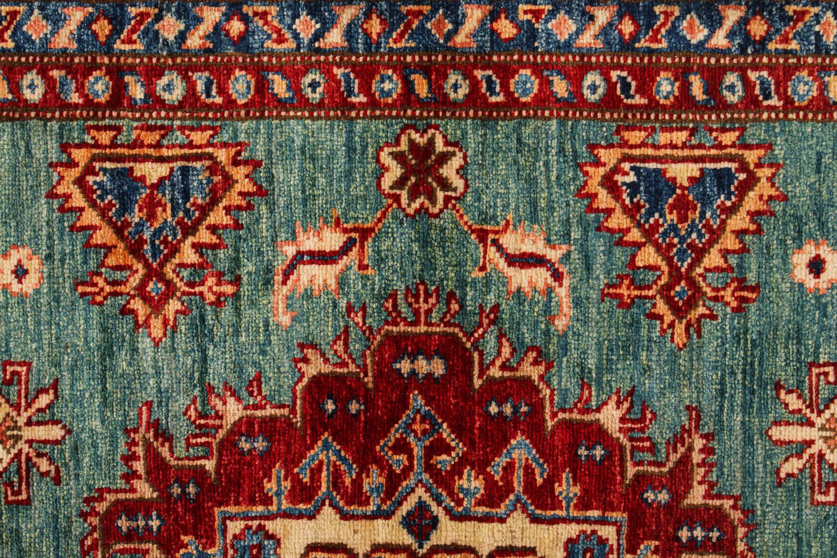 5x7 Green and Ivory Kazak Tribal Rug