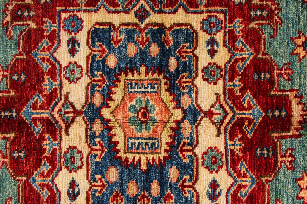 5x7 Green and Ivory Kazak Tribal Rug