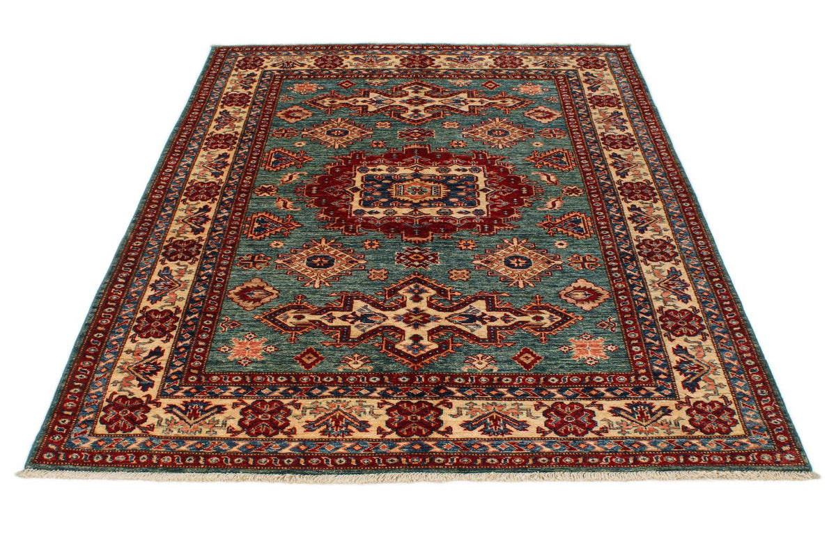 5x7 Green and Ivory Kazak Tribal Rug