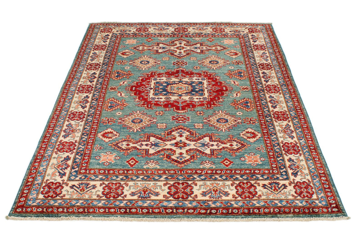5x7 Green and Ivory Kazak Tribal Rug