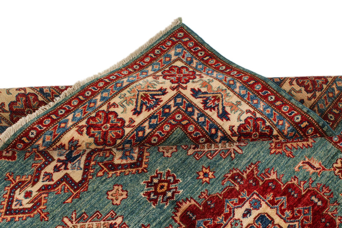 5x7 Green and Ivory Kazak Tribal Rug