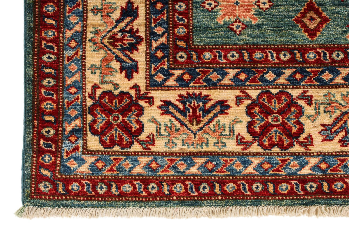 5x7 Green and Ivory Kazak Tribal Rug